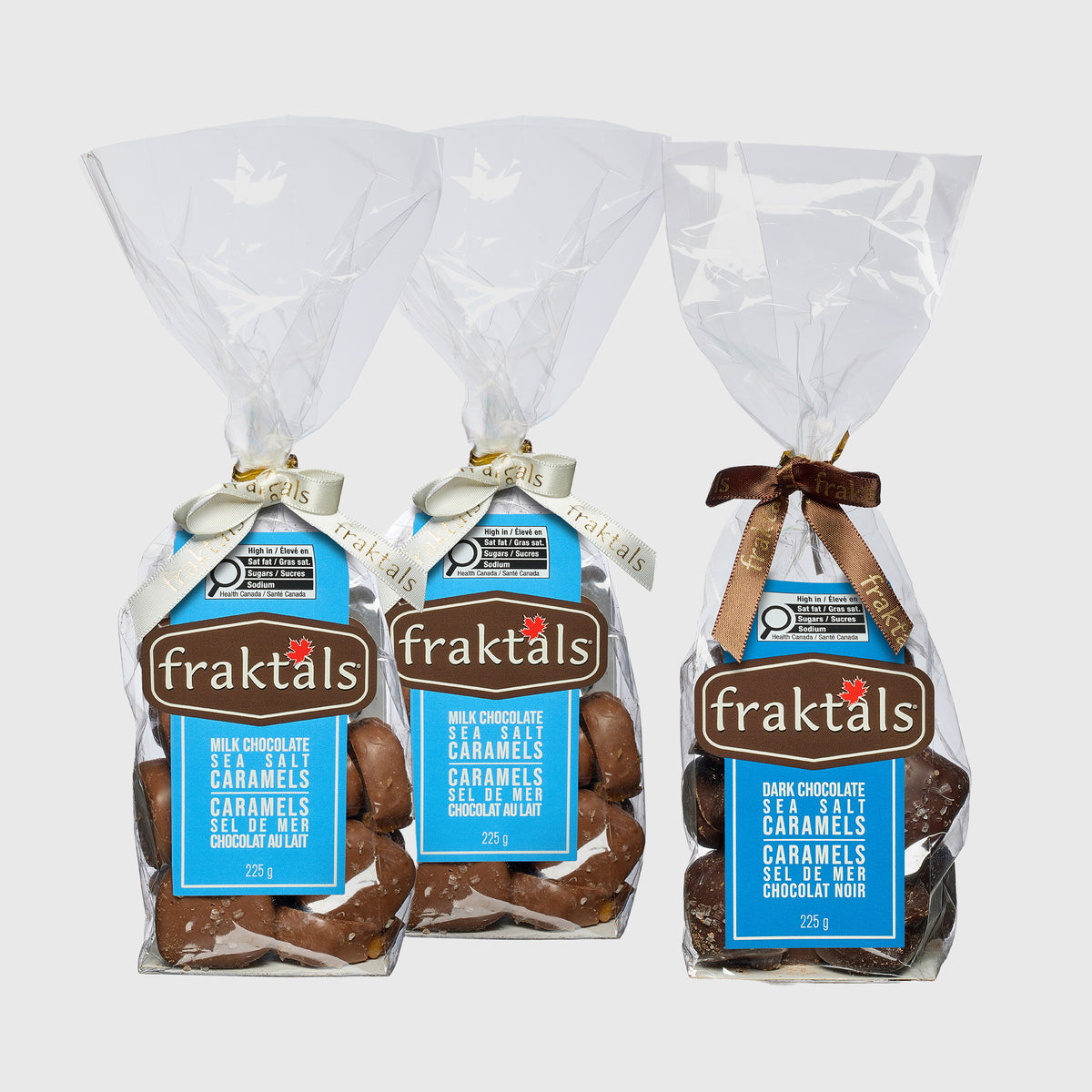 Fraktals Milk and Dark Chocolate Sea Salt Caramels in bags
